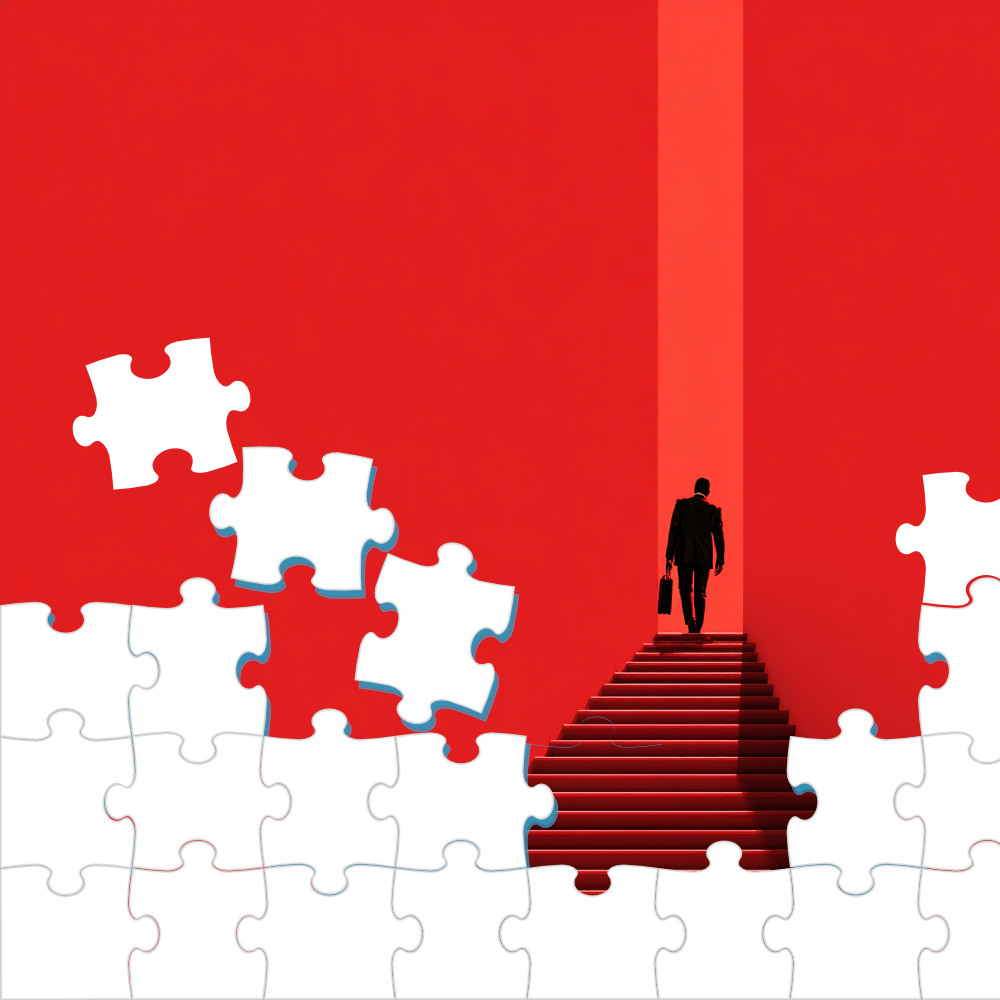 Man climbing stairs through puzzle